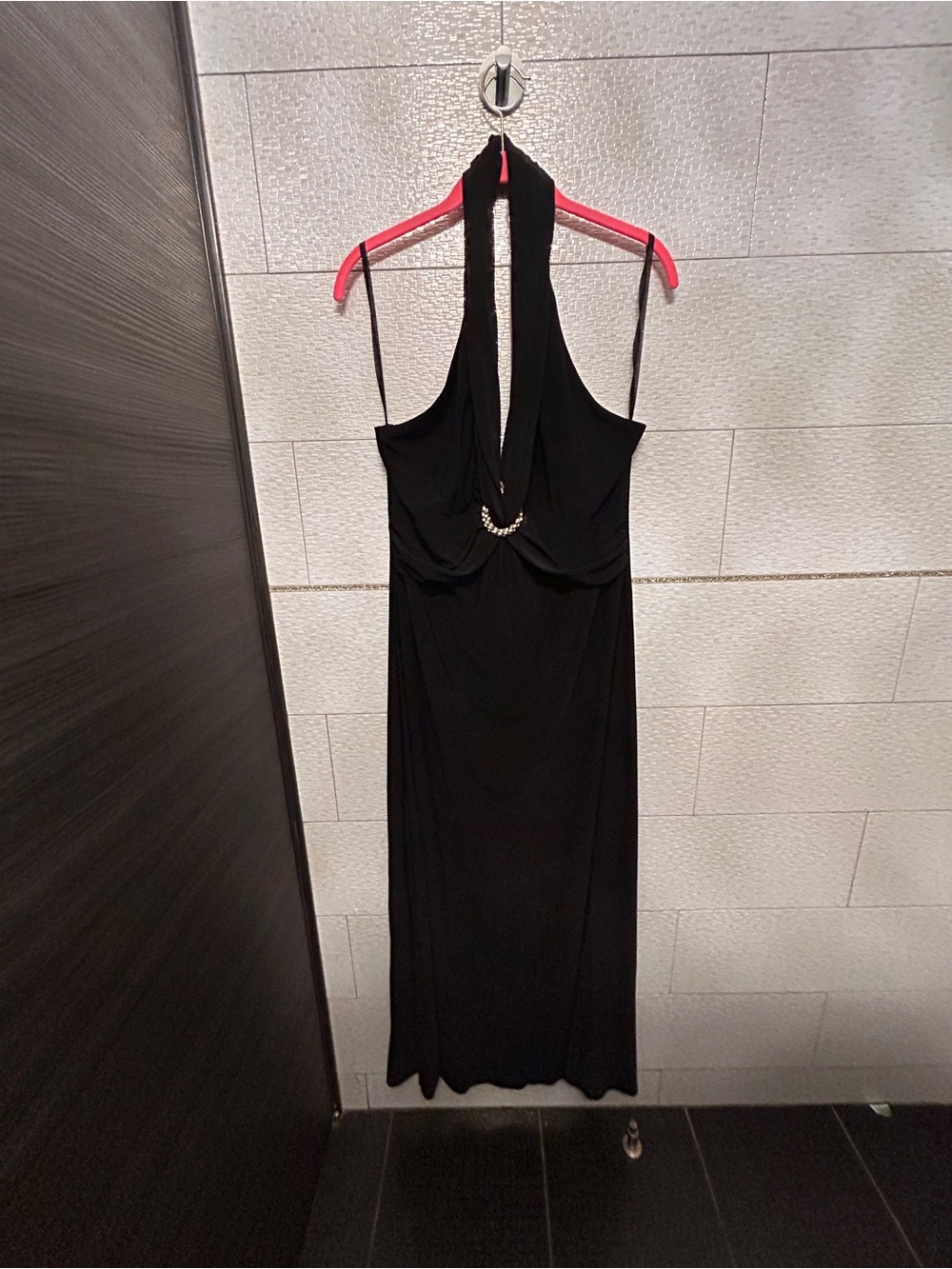 Onyx Nite Black Backless Halter Maxi Dress with Chain Accent